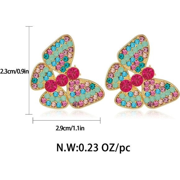 Women's Colorful Rhinestones Gold Plated Beauty Butterfly Statement Earrings - Picture 6 of 7